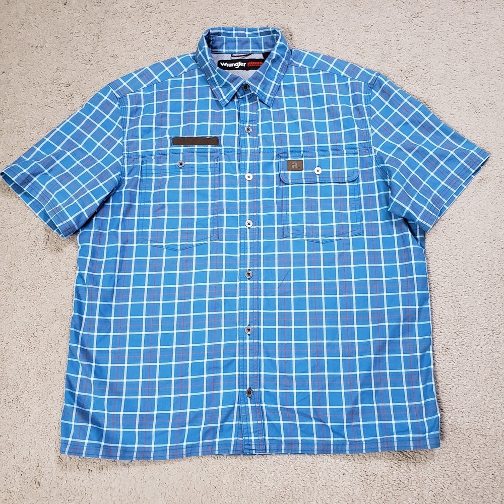 Wrangler Riggs Workwear Shirt Mens Large Blue Plaid Button Up Western Fishing